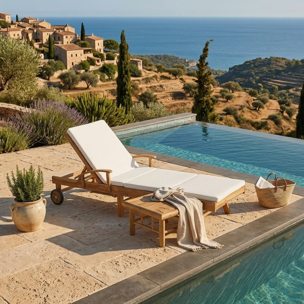 Chaise longue avec coussin - Teck Massif Marron et Crème