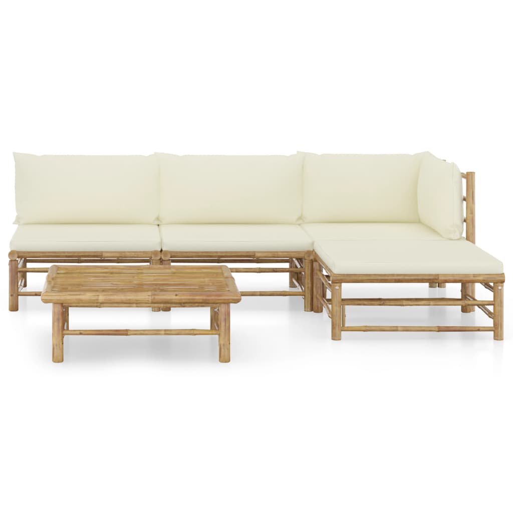 Salon de jardin 5 pcs avec coussins - Blanc crème Bambou
